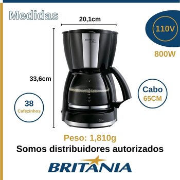 Cafeteira 110V Inox Preta c/Jarra Vidro CP38 - Britânia