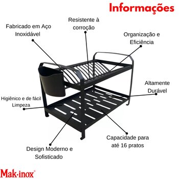 Escorredor de Louças Inox c/16 Lugares Black Mak Inox