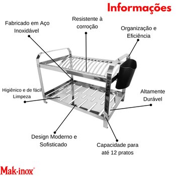 Escorredor de Louças Inox c/12 Lugares Mak Inox