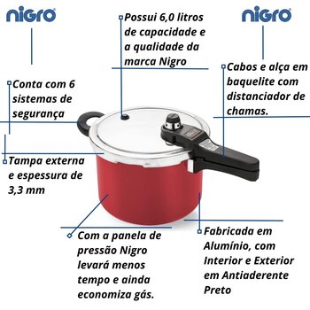 Panela de Pressão Vermelha 6,0L Fechamento Externo - Nigro